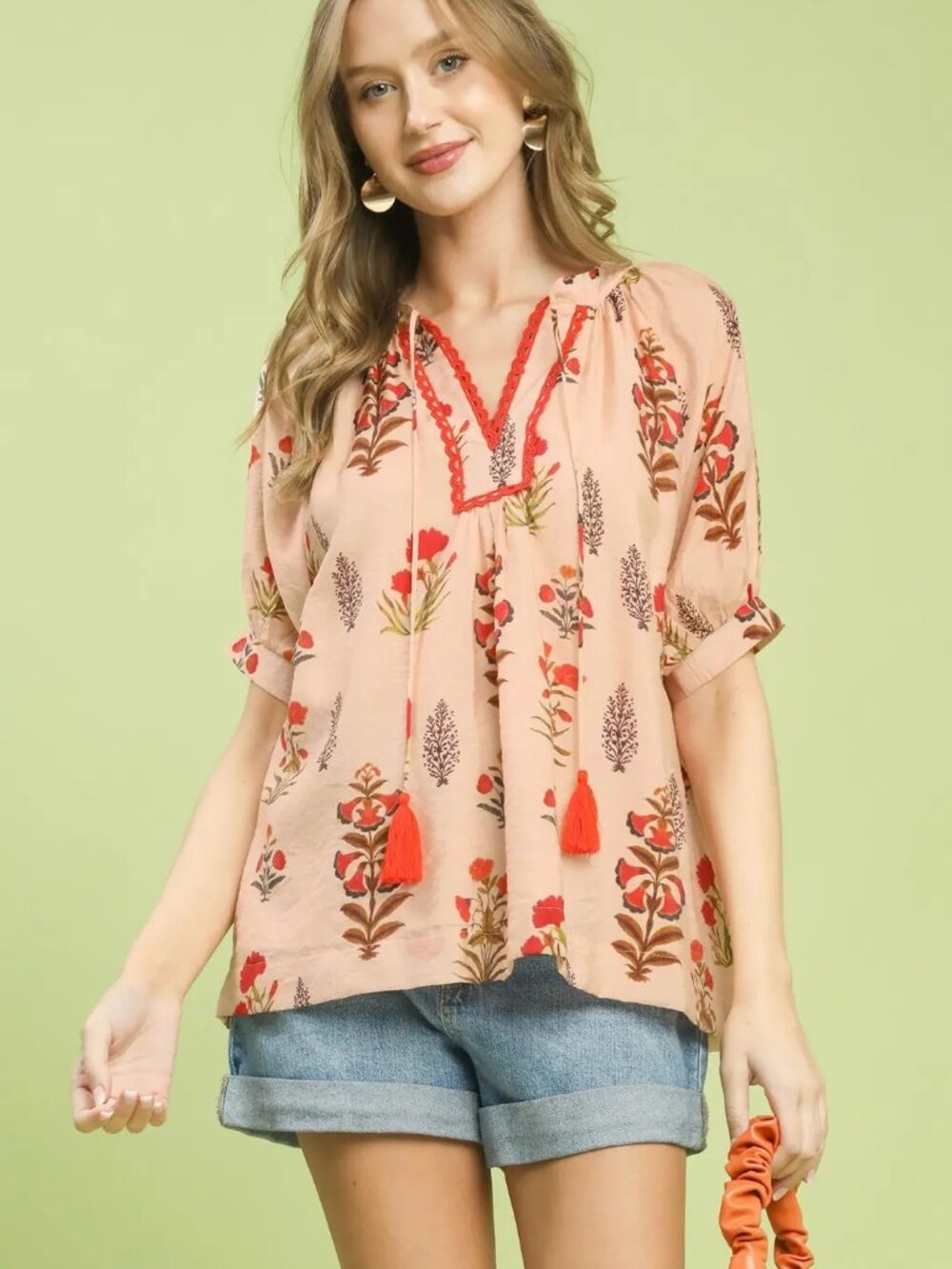Floral Red Mix Tassel Tie Flowy Top